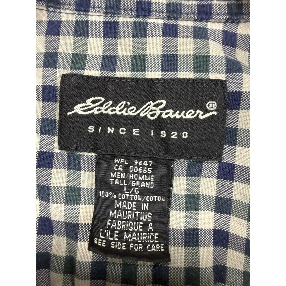 Eddie Bauer Button Down Shirt Mens Large Tall Navy Green Gingham Plaid‎ Cotton